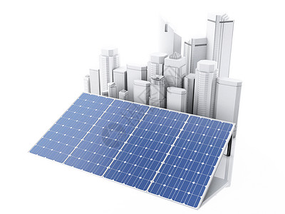 3个有太阳能电池板的城市替代能源生态概念孤立的白色背景背景图片
