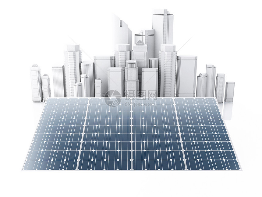 3个有太阳能电池板的城市替代能源生态概念孤立的白色背景图片