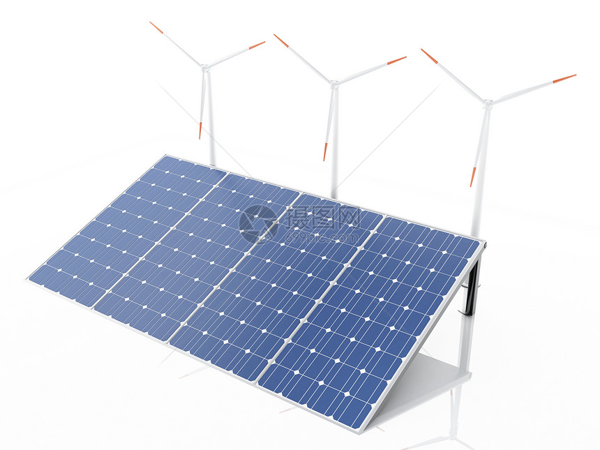 3d风涡轮机和太阳能电池板替代源生态概念孤立的白色背景图片