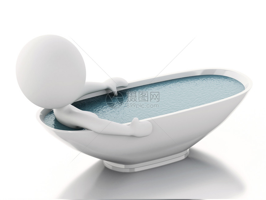 3d插图白人在洗澡时放松孤立的白人背景图片