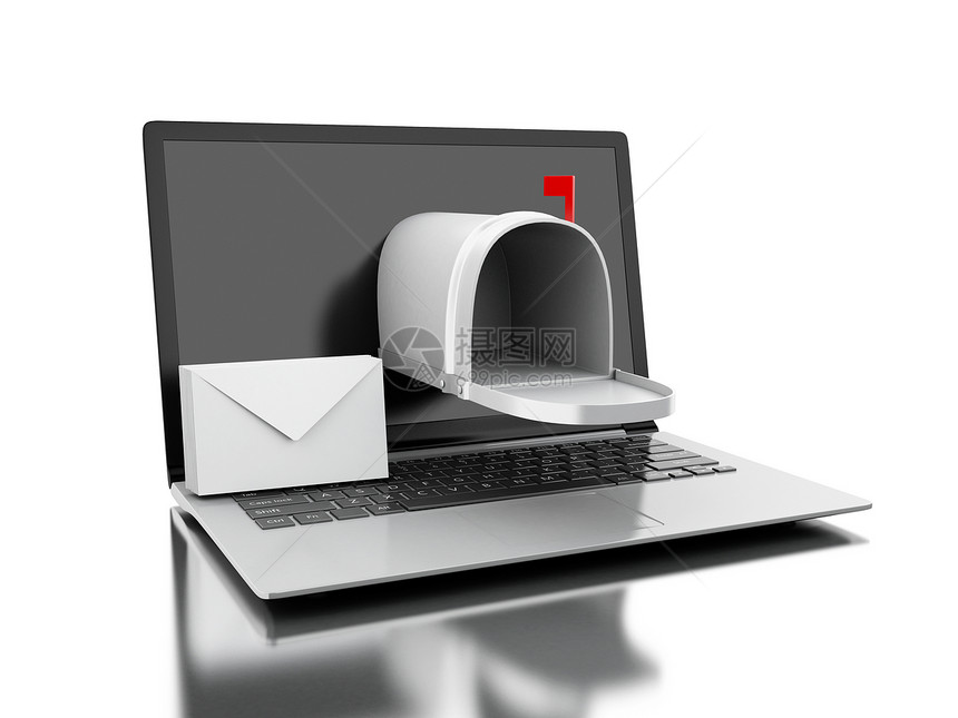 3d插图从电脑膝上型发送邮件收到概念孤立白背景图片