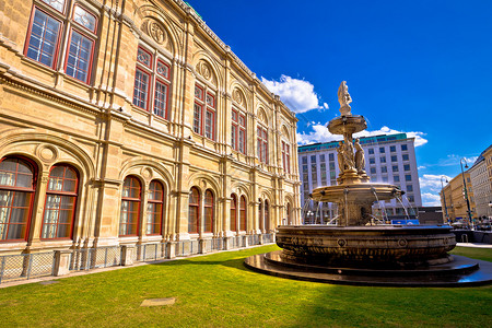 斯塔托佩拉Viena州立歌剧院的喷泉和建筑景观奥地利首都背景