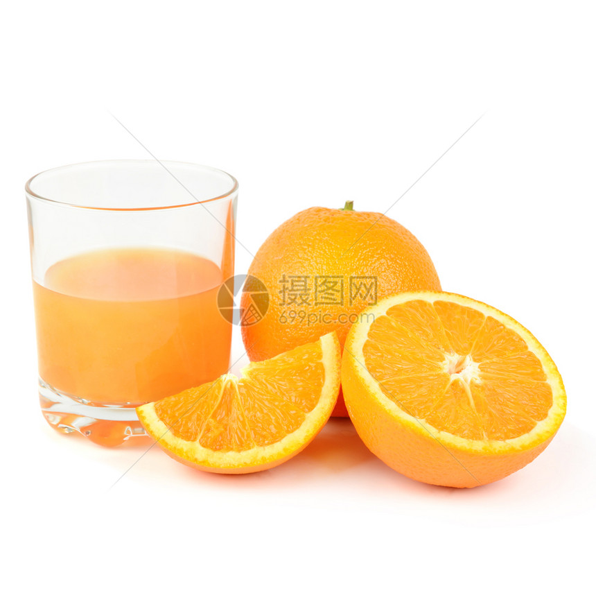 新鲜橙汁和水果孤立在白色背景健康的食物图片