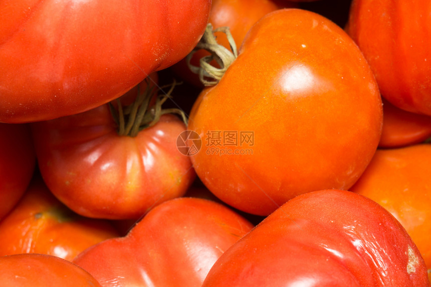 一组新鲜成熟的红番茄关闭背景图片