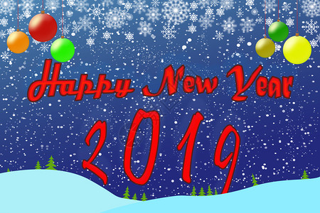 新年问候2019蓝色背景带有圣诞节彩色球和雪花图片