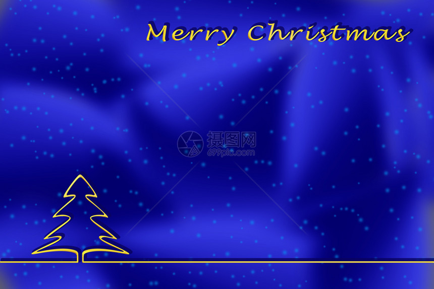 以蓝色背景为的圣诞问候模板带有圣诞树的金色轮廓图片