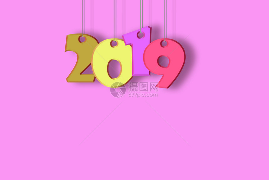 2019年粉红背景的恭喜新年祝贺设计字符串上的多色数字图片