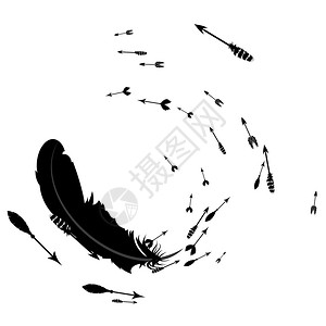 黑白羽毛羽毛和抽象装饰箭头设计的轮廓插画