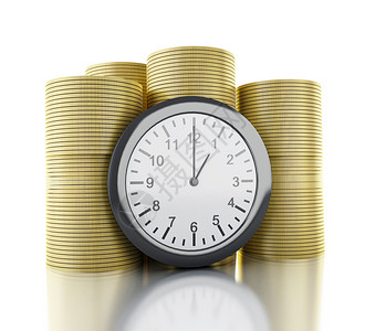 3d插图用硬币敲闹钟时间是金钱商业融资和金钱概念图片