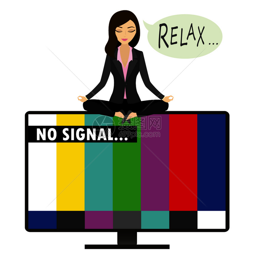 在电视屏幕上没有信号坐在莲花位置上的女人放松和冥想矢量插图图片