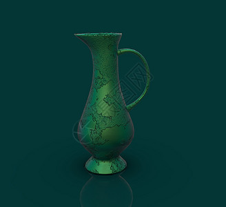 一个绿色的古董壶在黑色背景上的三维渲染绿色古董壶的3d渲染图片