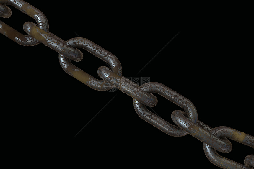 生锈金属链3D以黑背景隔离图片