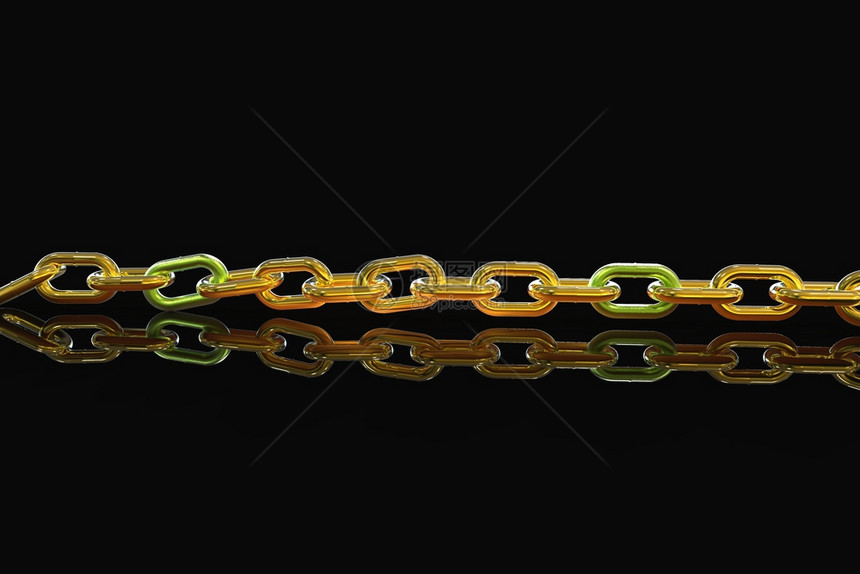 黄金链与绿色链接三维渲染隔离在黑色背景上带绿色链接的金色链3d渲染图片