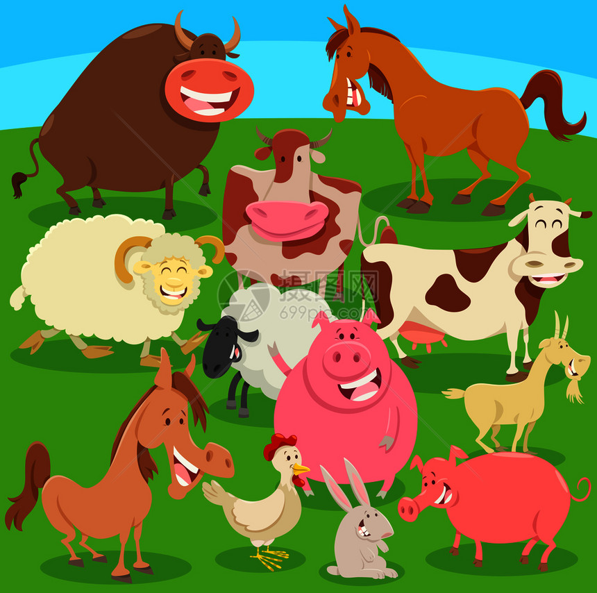 牧场或草地上的农动物人漫画插图图片