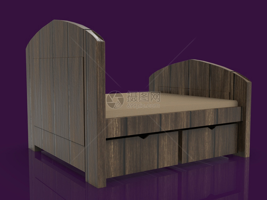 木制床有垫3D穿紫底背面的木制床有垫3D图片