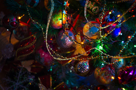 盛装的圣诞树和多彩园林灯光背景图片