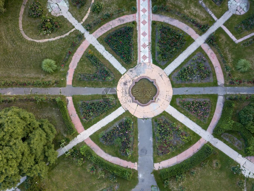 植物园的圆形小巷无人机的照片严格来自上面花园的对称圆形无人机的空中视图严格来自上面图片