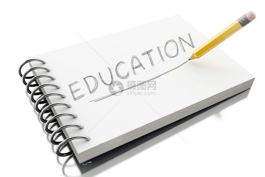 3d插图螺旋夹笔记本用铅注的教育文孤立的白色背景图片