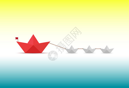 韩式大拖尾小型纸船拖着一艘大这是团队结的概念插画