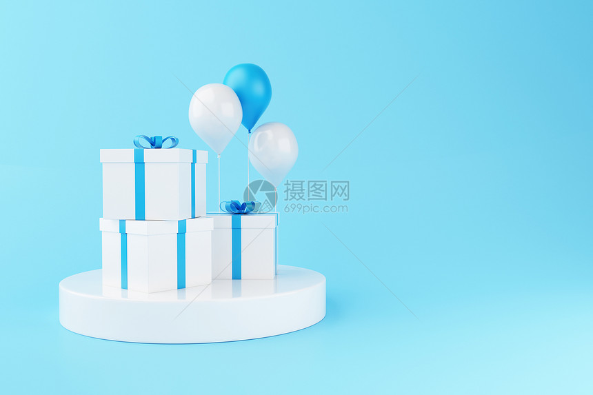 3d说明蓝色背景的气球和礼品盒最低值和生日派对概念图片