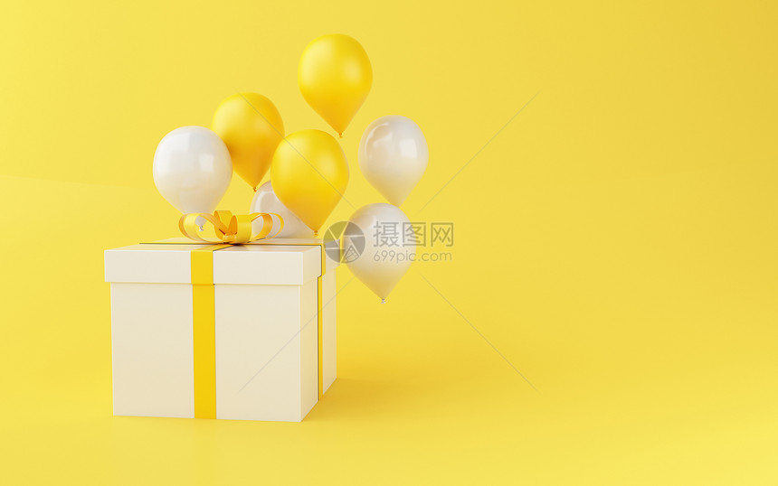 3d说明黄色背景的气球和礼品盒最低值和生日派对概念图片