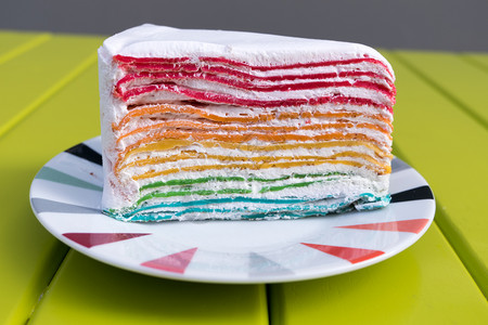 美味的彩虹蛋糕放在桌上的盘子图片