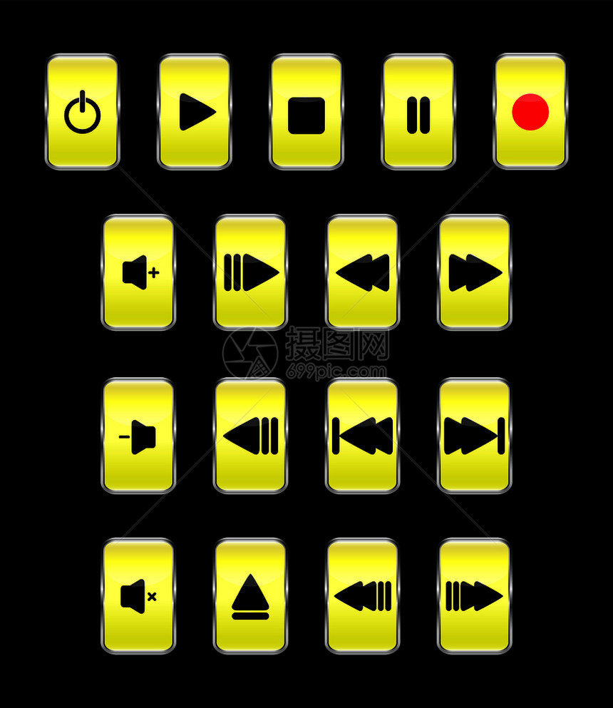 用于控制媒体设备的矩形垂直黄色按钮集图片
