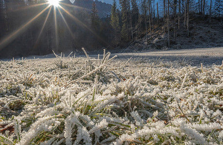 加米什帕滕基琴冬季风景在雪覆盖的冰冻草线上贴紧的缝隙在白雪巴伐利亚和德意志有阳光照耀加米什巴滕基琴的温暖背景