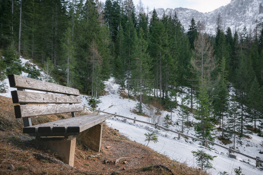 早冬风景高山路边有木凳雪林和山峰在奥斯特里亚河的hrwald图片