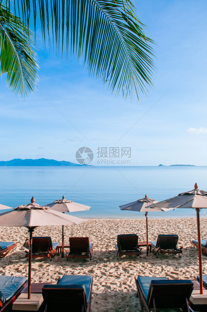 海滩边的遮阳伞和沙滩椅图片