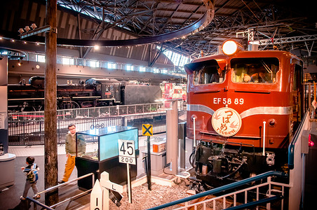 在奥米亚铁路博物馆展出古老的火车模型背景