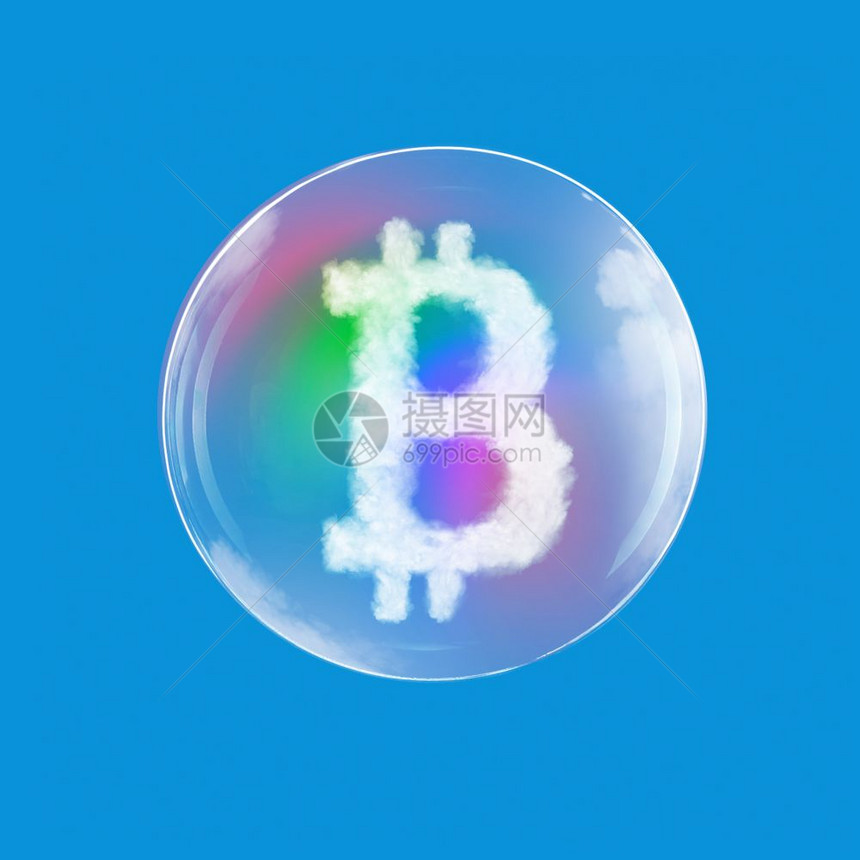 肥皂球与比特币图标内孤立在蓝色背景比特币图标孤立的肥皂球图片