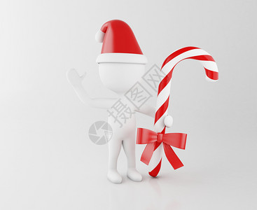 卡通红色丝带3d插图白人用糖果手杖圣达克拉斯xmas节日的概念背景