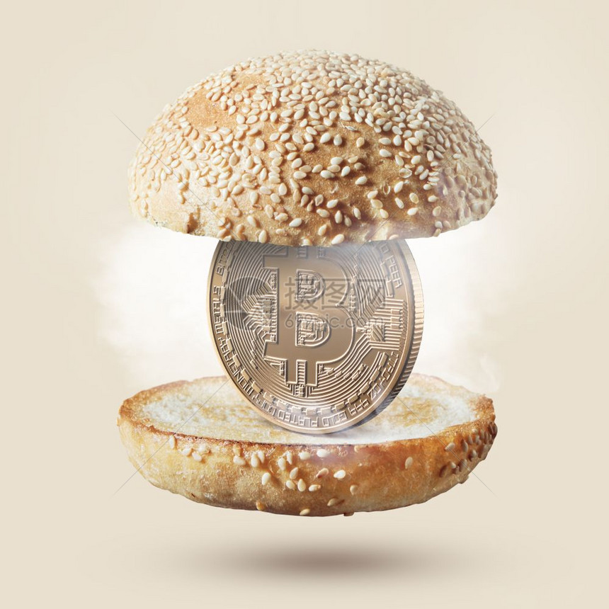 热汉堡包里面有硬币比特金食品概念购买食品用于加密货币照片可以用于食品微型项目或工业创新闻汉堡配有金币比特的蜜蜂背景图片