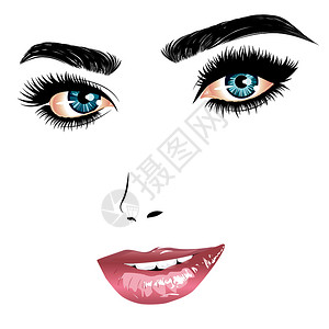 微笑的女人脸蓝色眼睛长睫毛明亮粉红嘴唇插图图片