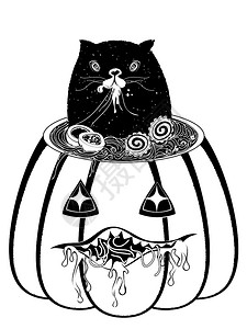 日本南瓜南瓜和黑猫吃美味的拉面插画