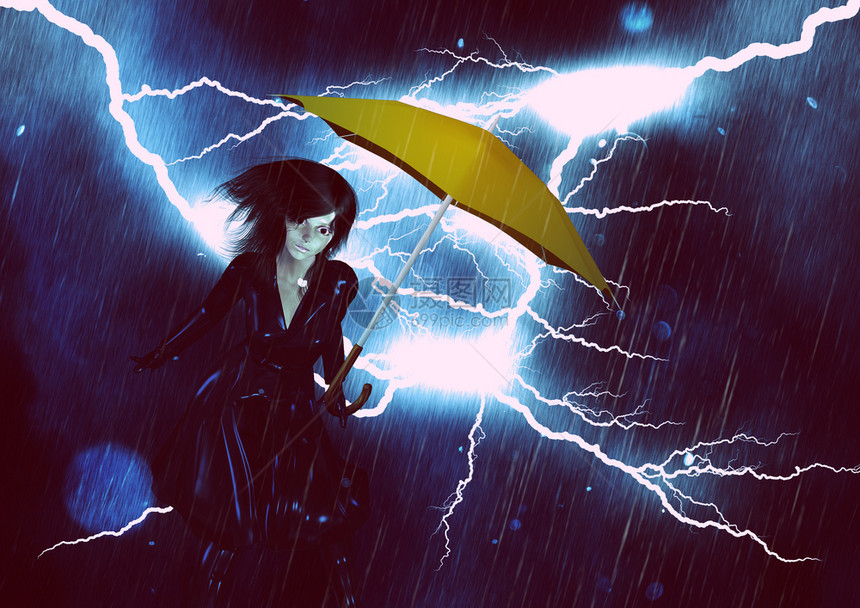 在暴风雨中三度抽象地成为女孩和伞子伴有大雨纹理和闪电图片