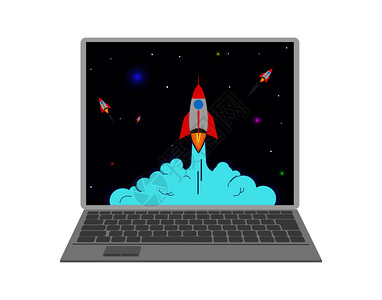 在笔记本电脑显示器上启动对黑天空的火箭概念横幅启动商业或工程图片