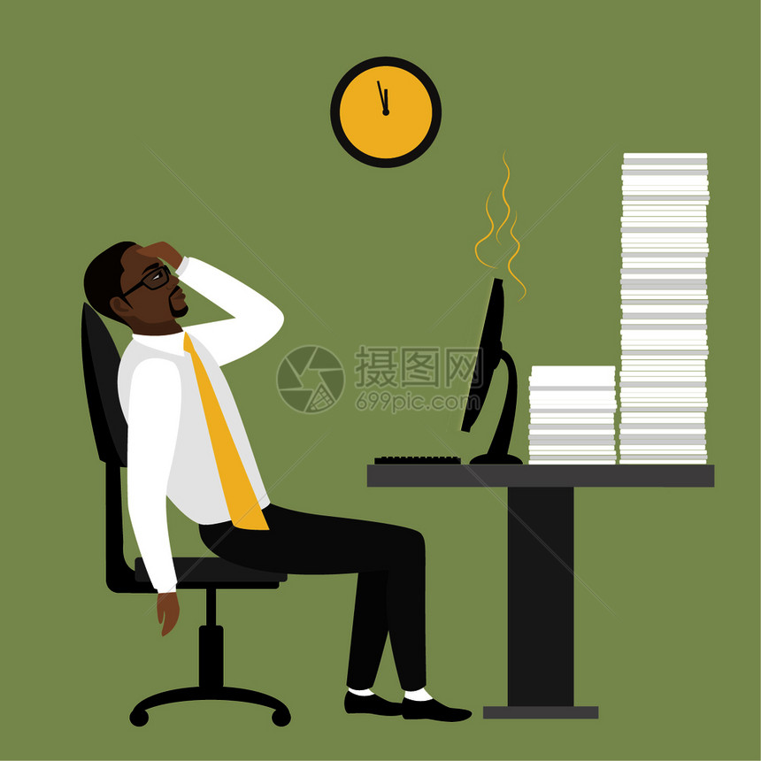 非洲的商业orficeworks坐在办公桌旁的堆叠文件夹企业压力平板式矢量图图片