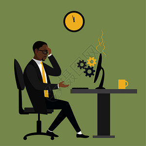 AfricanBusieorficewrk坐在办公桌旁的非洲商人或办公室工商业压力平式现代矢量图插画