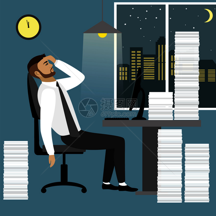 工作超负荷和疲劳的商人或办公室工坐在办公桌旁并配有堆叠文件夹企业压力平板式现代矢量插图图片
