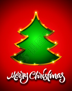 圣诞节装饰牌红卡手画纸写字绿色fir树牌金边和火花插画