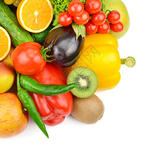 白色背景上的水果和蔬菜平坦的躺下最顶端视野图片