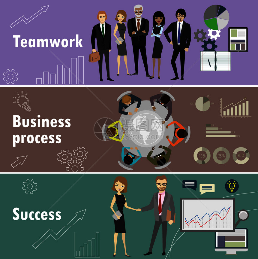 装有团队协作业务流程和成功卡通库存矢量插图的单条横幅装有团队协作图片
