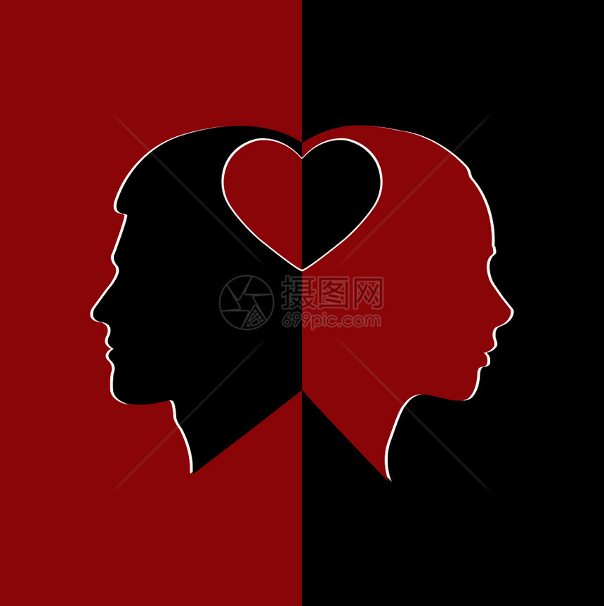 黑红心的男女面部影将黑红心的男女面孔减半图片
