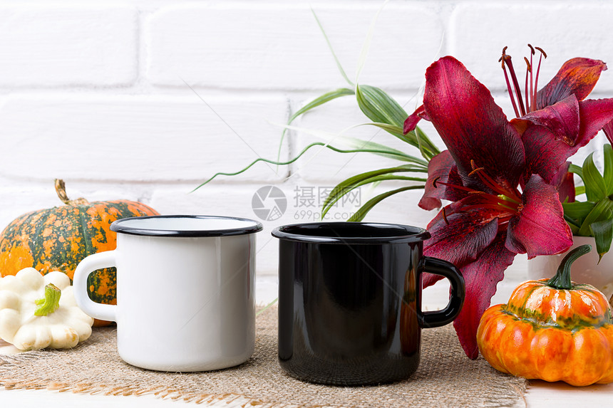 两杯白黑营火甜咖啡杯装感恩节秋红南瓜和莉空杯装作设计宣传品图片