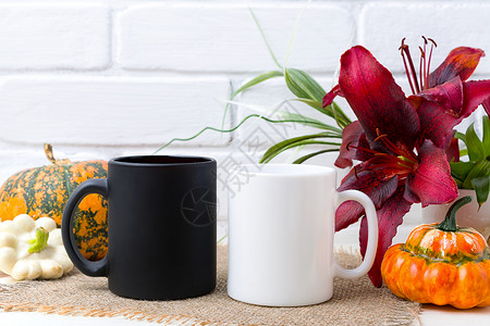 白咖啡和黑杯装感恩节秋季橙南瓜和红莉空杯装作设计促销品图片