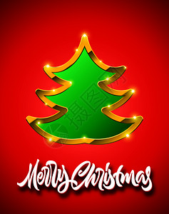 圣诞立牌红卡手画纸写字绿色fir树牌金边和火花插画