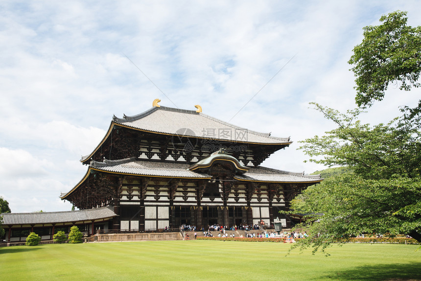 纳拉市的日本寺庙有青树叶用京都古代电影风格图片