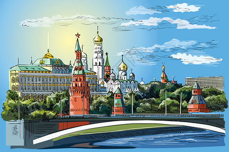 拉兴罗林位于克里姆林塔和摩斯考河红方莫斯考俄罗交叉桥的堤岸城市多彩孤立的矢量图解插画